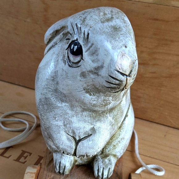 Vintage Wood Carved Hand Painted Rabbit Pull Toy - Picture 4 of 7